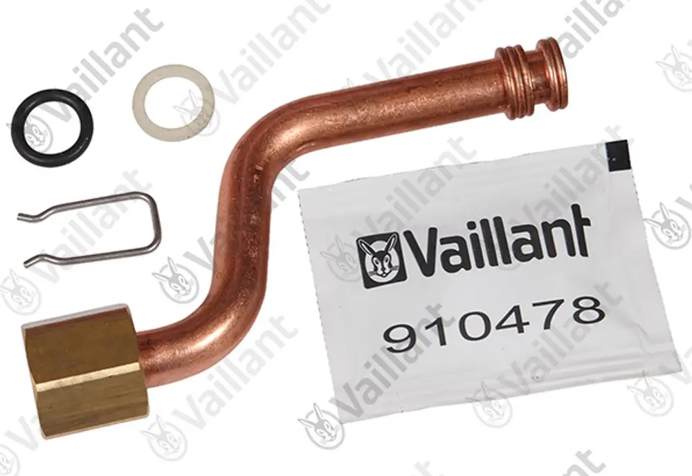 Vaillant Verbindungselement aus Kupfer mit zwei Dichtungen, einem Sicherungsclip und einer Verpackung. Produktelement für Heizungs- oder Sanitärinstallationen.